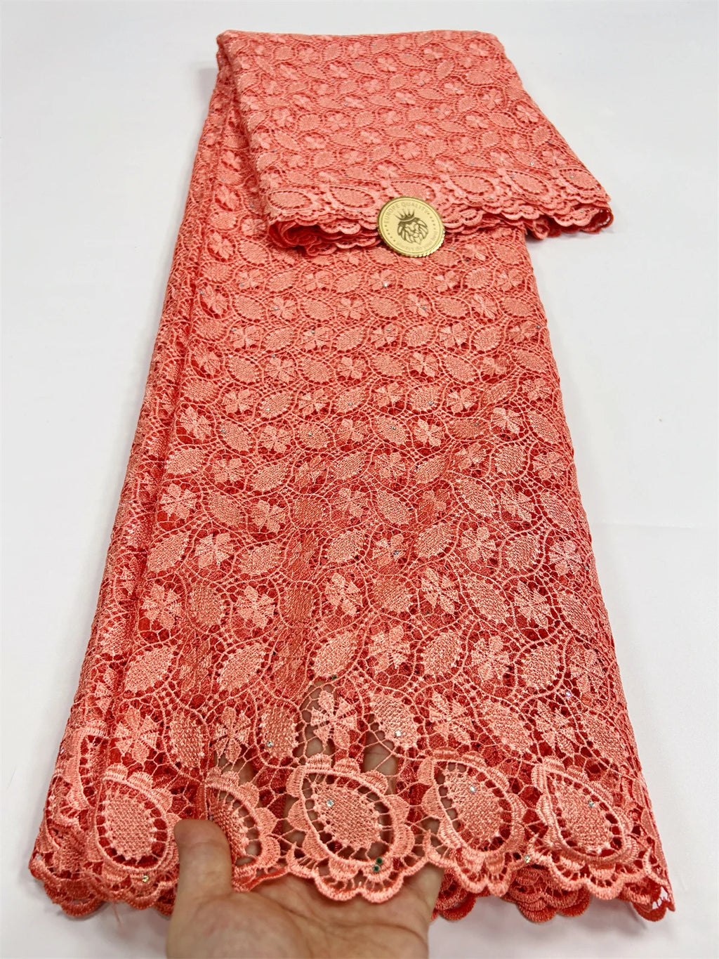 2024 Peach African Guipure Cord Lace Fabric with Stones Chemical Lace Fabric Water Soluble Lace For Women Evening Party Dresses - Sun Studio