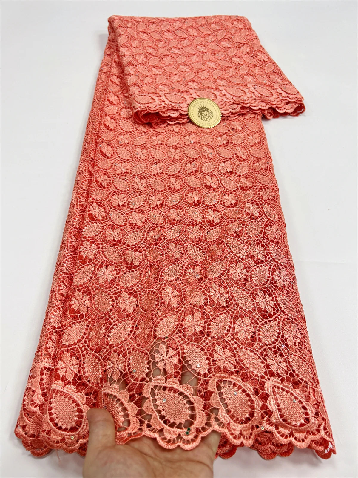 2024 Peach African Guipure Cord Lace Fabric with Stones Chemical Lace Fabric Water Soluble Lace For Women Evening Party Dresses - Sun Studio