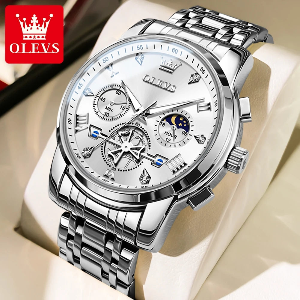 OLEVS Herrenuhren Klassisches Multifunktionales Schwungrad-Design Edelstahl Wasserdicht Mondphasen Herrenarmbanduhren 2024 Trend