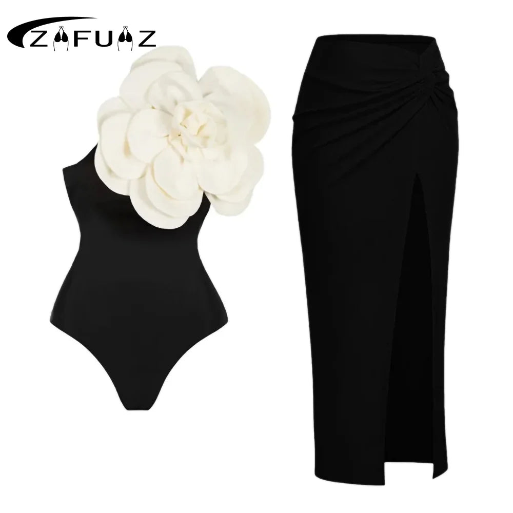 2024 Sexy Women's Swimsuit with Skirt One-Piece Swimwear Vintage Ruffle V Neck Cover Up Bikinis Set Beachwear Bathing Suit - Sun Studio