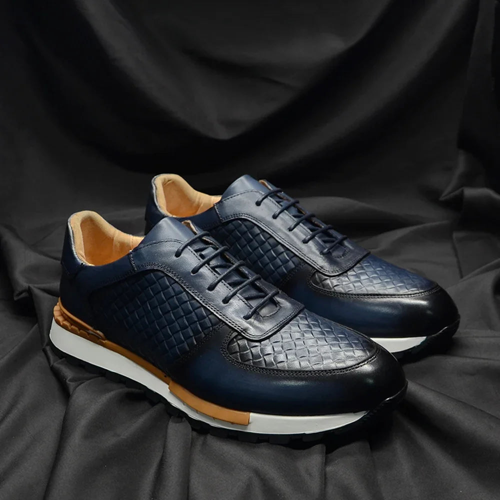 4 Colors Genuine Leather Man Luxury Sneakers Plaid Weave Pattern Lace-up Men Casual White Oxford Shoes Deals Spring Autumn 2024 - Sun Studio