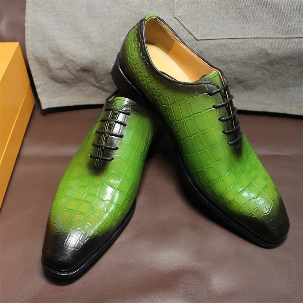 FELIX CHU Men's Genuine Cow Leather Shoes Crocodile Print Business Green Dress Shoes Formal Wedding Footwear for Spring Autumn - Sun Studio