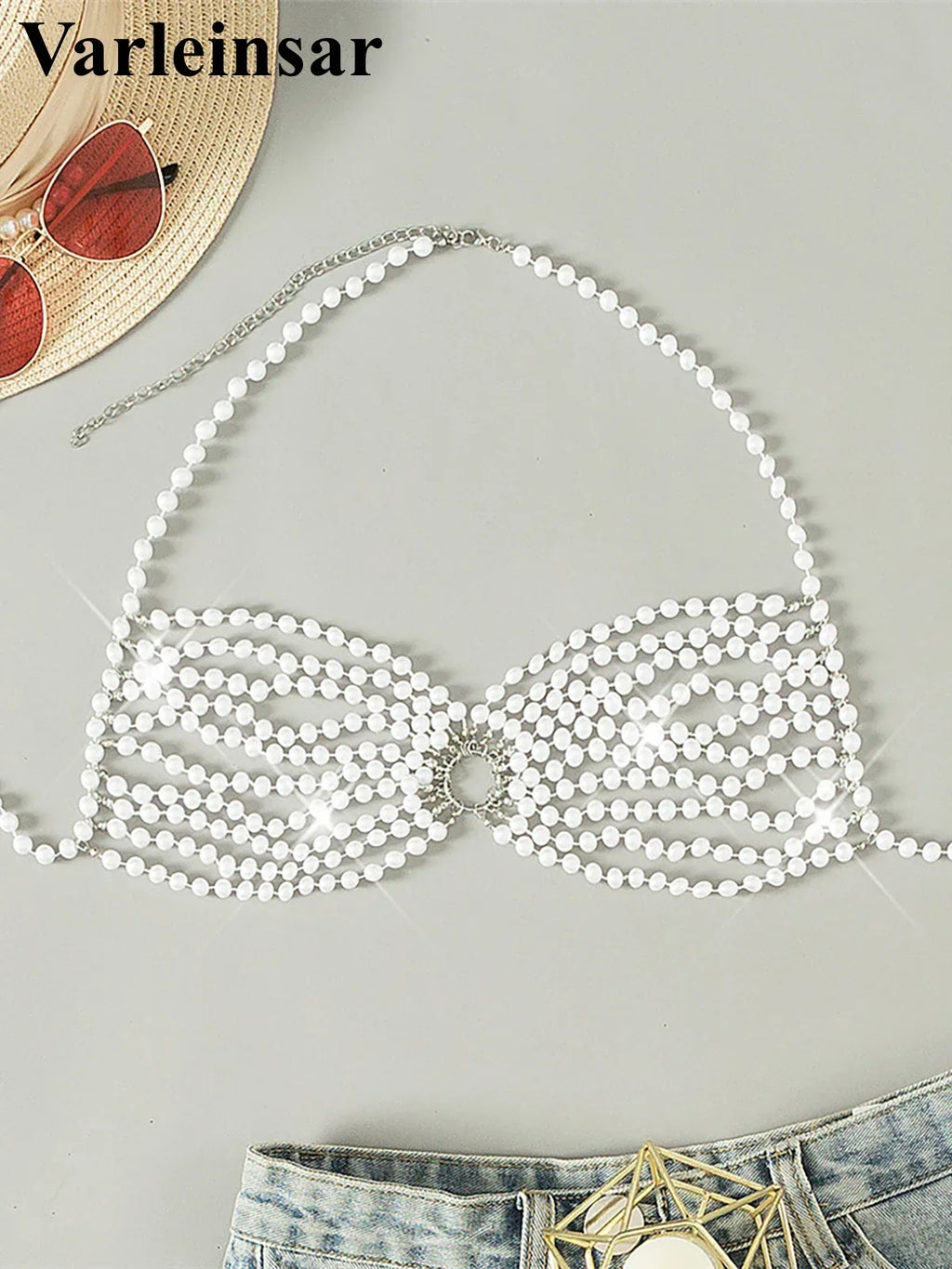 Luxury Pearls Halter See Through Bikini Top Female Swimsuit Women Swimwear Bather Bathing Suit Swim Hollow Out Beach Top V5407 - Sun Studio