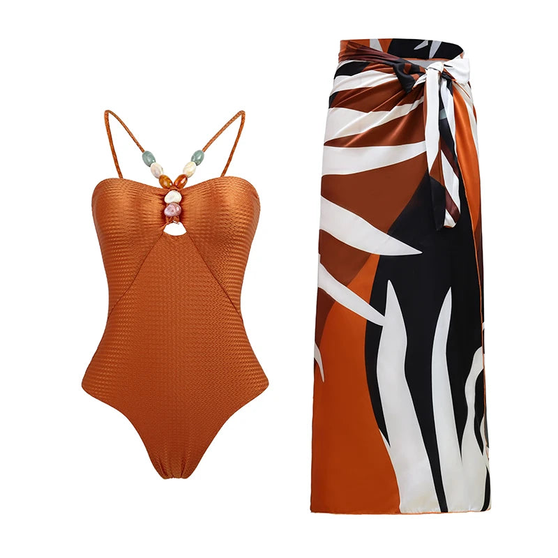 2024 Sexy Damen Badeanzug mit Rock Einteiler Badebekleidung Vintage Rüsche V-Ausschnitt Cover Up Bikinis Set Strandmode Badeanzug