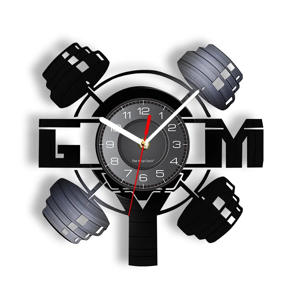 Fitness Equipment Theme Vinyl Record Fitness Wall Clock Home Decoration LED Backlight Modern Fitness Watch - Sun Studio