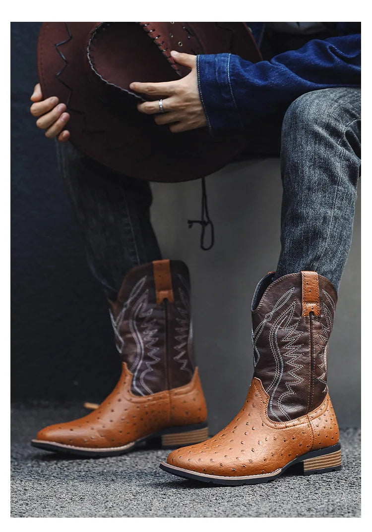 Men's Classic Retro Western Cowboy Boots Embossed Leather Mens Fashion Embroidery Mid-Calf Boot High top Casual Shoes for Men - Sun Studio