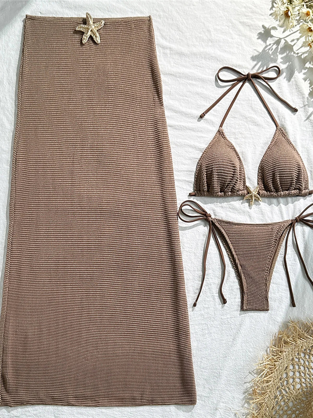 Metal Star Halter With Skirt Bikini Female Swimsuit Women Swimwear Three-pieces Bikini set Padded Bather Bathing Suit Swim V6740 - Sun Studio