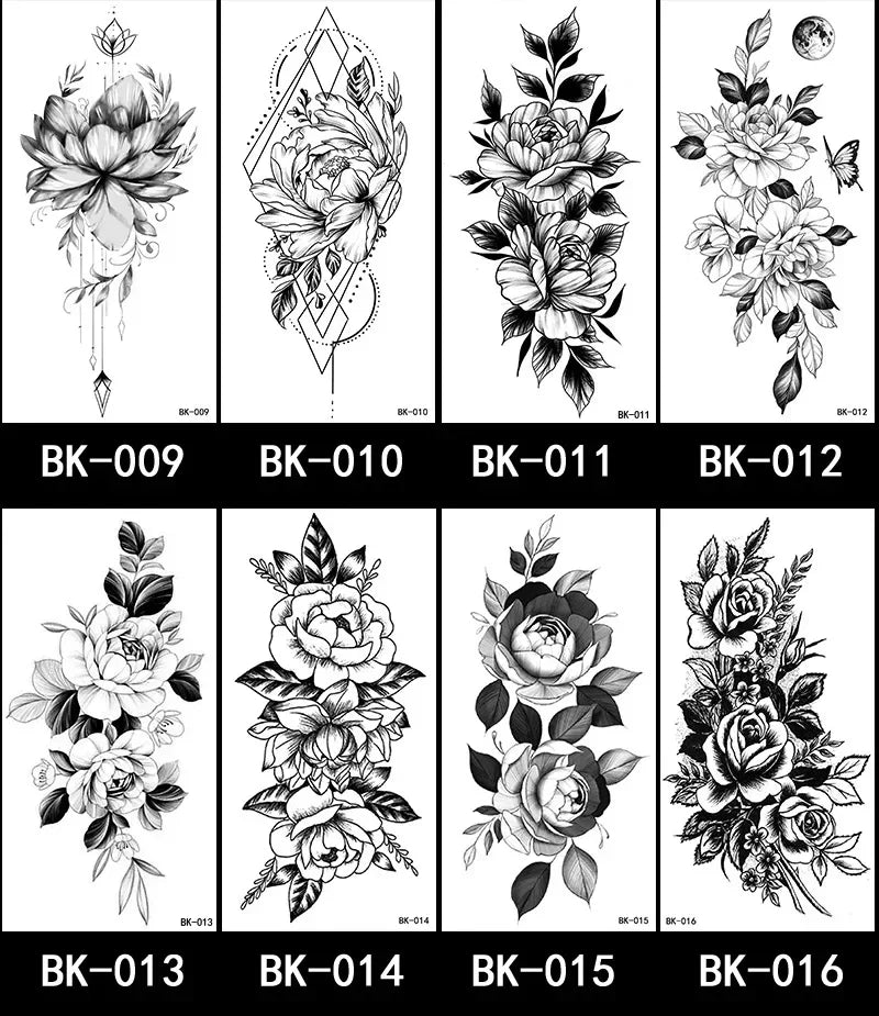 Rose Blossom Tattoo Temporary Waterproof Butterfly Fake Tattoo for Woman Black Flower Sketch Tattoo Sticker - Sun Studio