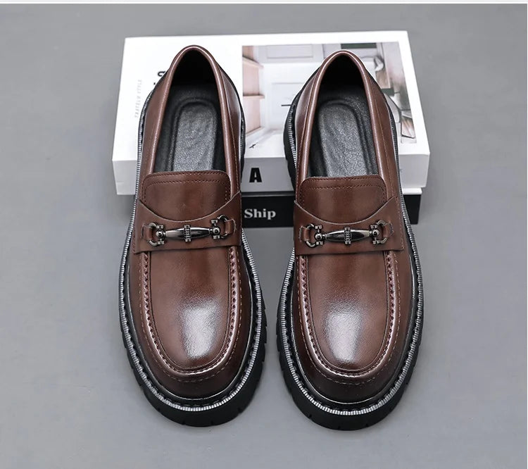 STRONGSHEN Men Leather Shoes Thick-soled British Style Formal Business Shoes Fashion Luxury Slip-On Round Toe Office Casual Shoe - Sun Studio