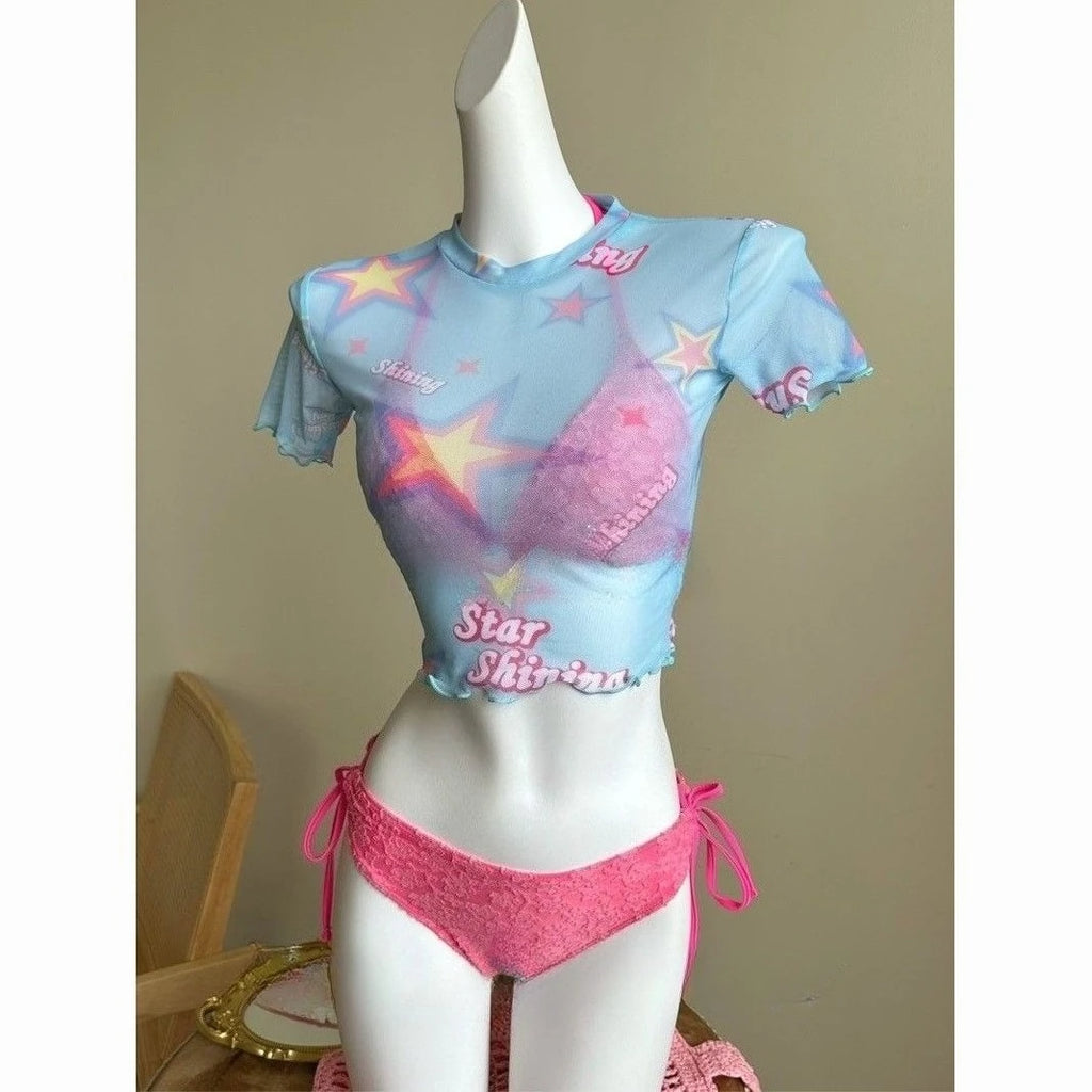 2026 Y2K Summer Sweet  White Dot Sets Lovely Cherry Decor Sexy Lace Trim Style Casual Bikini Swimsuit Beach Holiday Wear - Sun Studio