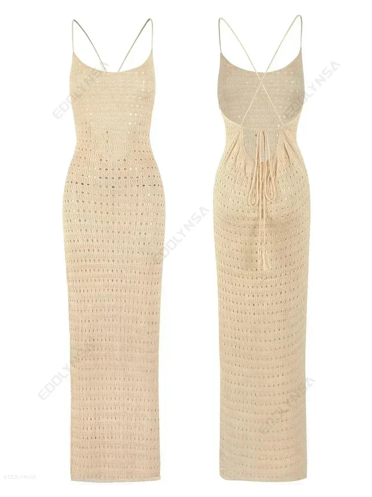 Sexy Knit Cut Out Tassel Spaghetti Strap Bodycon Beach Maxi Dress Summer Women's Holiday Club Party Outfit Swimsuit Cover Up K10 - Sun Studio