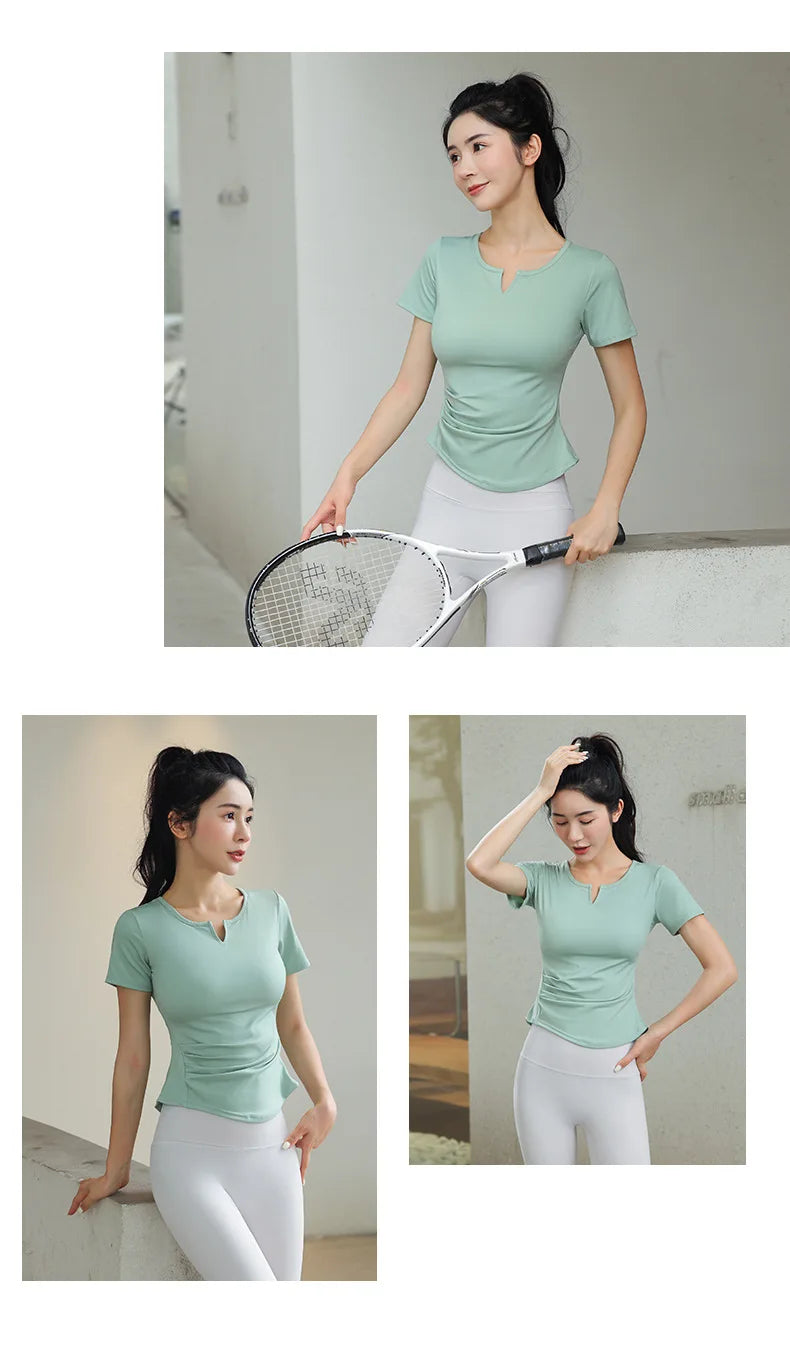 Fitness Yoga Tshirt Women's Short Sleeve Gym T-Shirt Quick Dry Running Training Breathable Slimming Moisture Wicking Sports Tops - Sun Studio