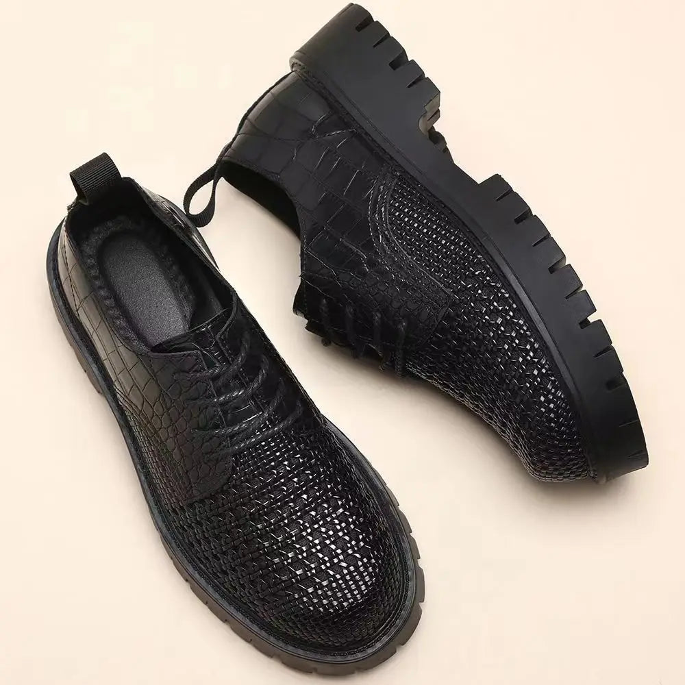 Spring leather woven leather wear-resistant thick-soled heightening casual men's first-layer cowhide breathable hollow shoes - Sun Studio