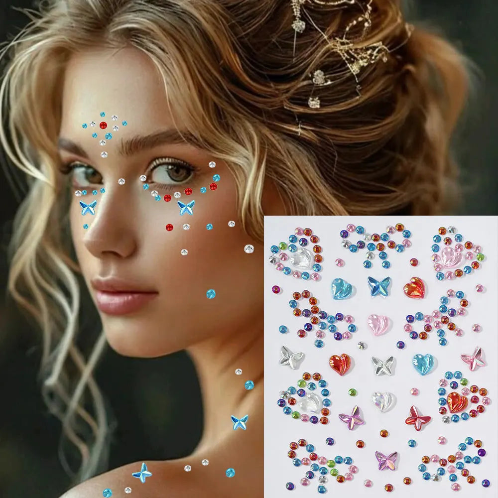 1Sheet 5D Mixed Shell Aurora Rhinestone Girl Face Stickers Hollow Star/Moon/Heart Self-Adhesive Cute Girl Make Up Diamond Decal - Sun Studio