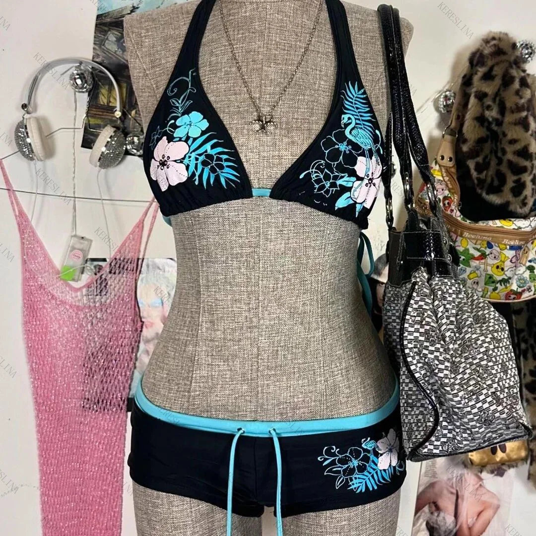 Y2k Vintage Flower print Cutie 2 set Bikini Swimsuit Sexy Women Bathing Fashion Halter Strap Swimwear High Street Beach Female - Sun Studio