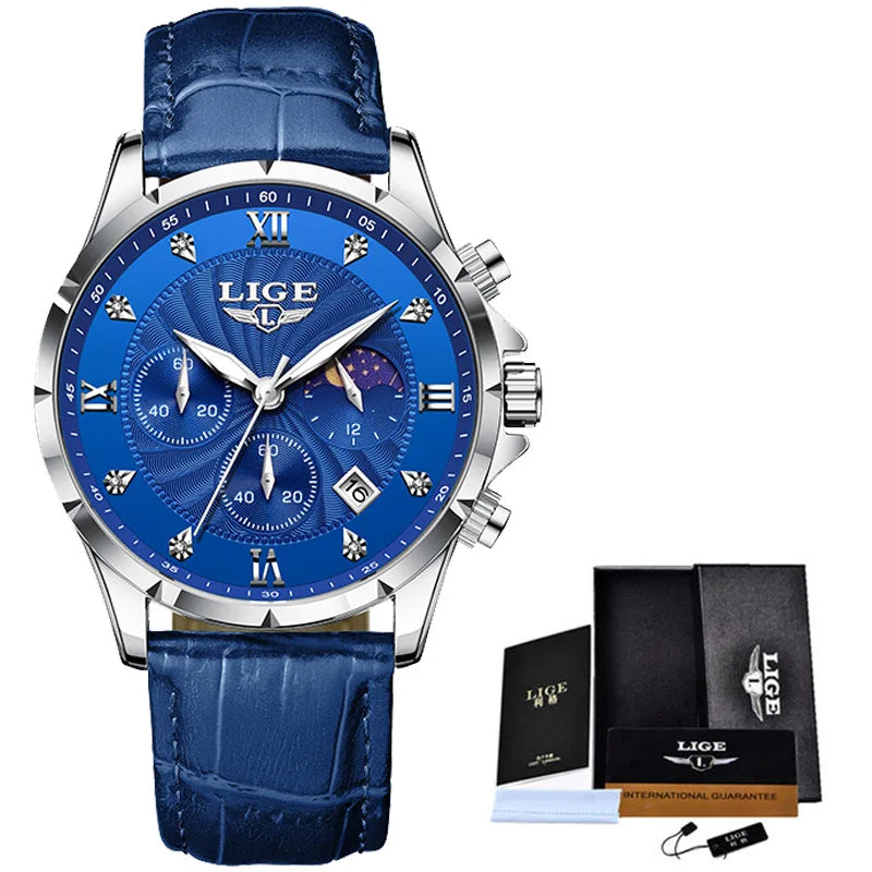 LIGE New Quartz Watches for Men Top Brand Luxury Leather Fashion Military Watch Men Sport Waterproof Chronograph Montre Homme - Sun Studio