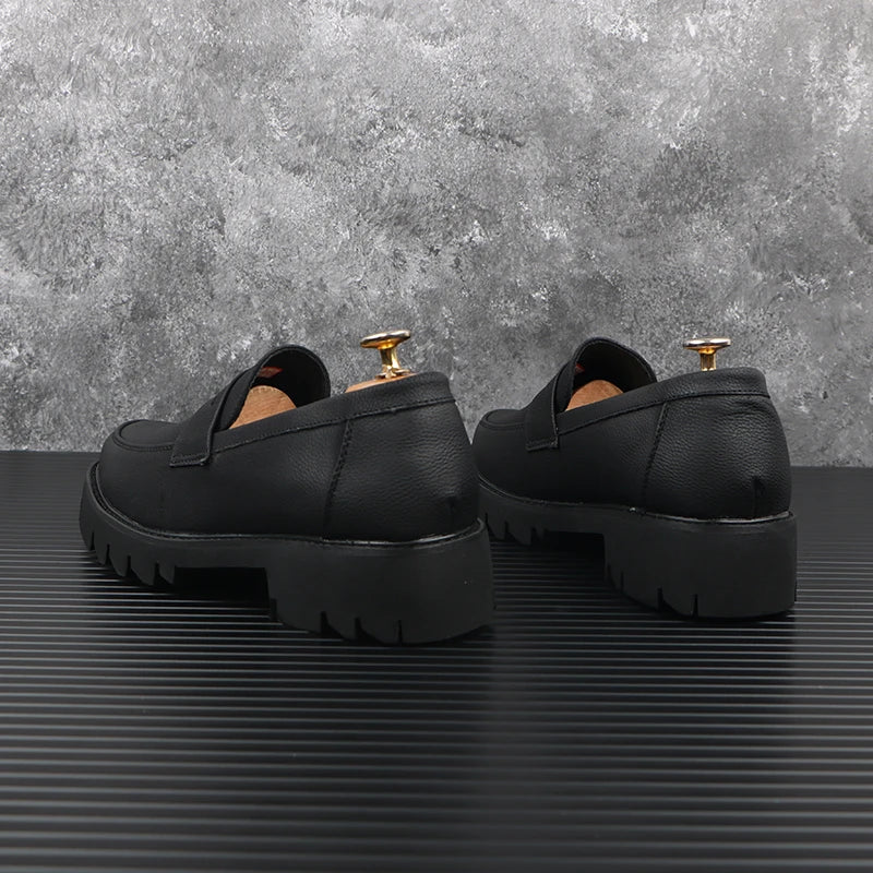 men casual genuine leather shoes slip-on driving shoe business wedding formal dress black trendy platform loafers mans footwear - Sun Studio