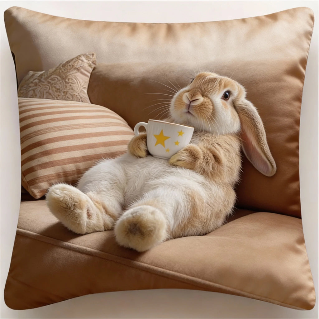 Adorable Bunny with Coffee Cup Print Pillowcase - Home Decor, Perfect for Living Room and Bedroom, Ideal Gift for Animal Lovers - Sun Studio