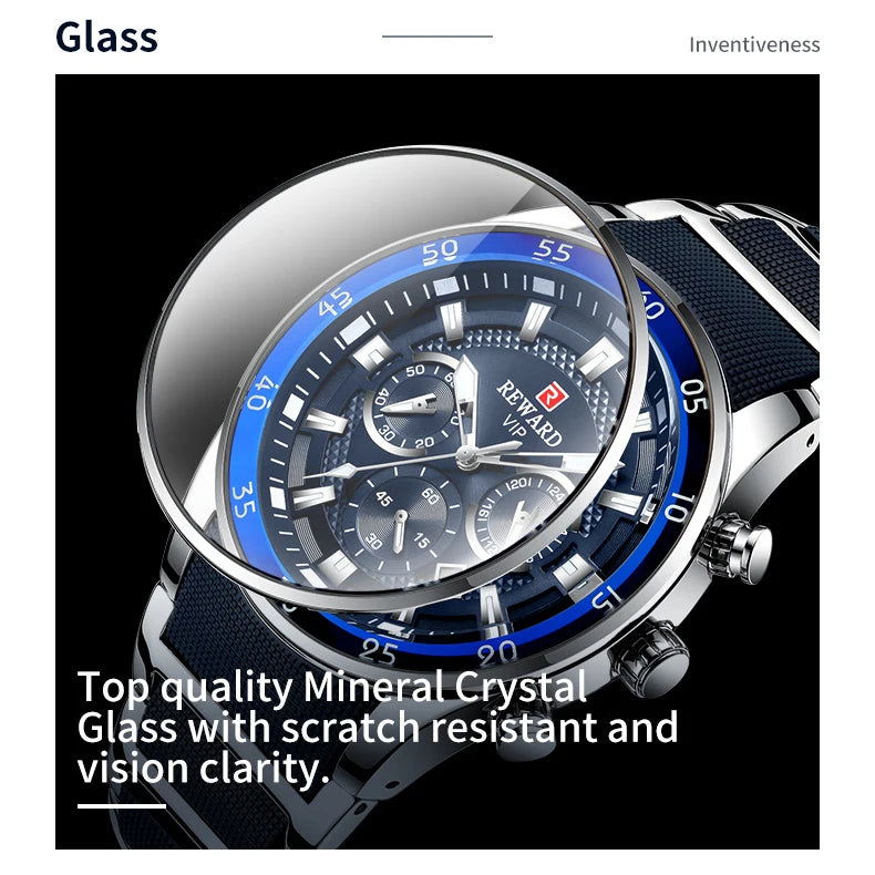 REWARD Blue Business Watches for Men Chronograph Silicone Quartz Wristwatch Man Wrist Watches Male Sports Waterproof Watch - Sun Studio