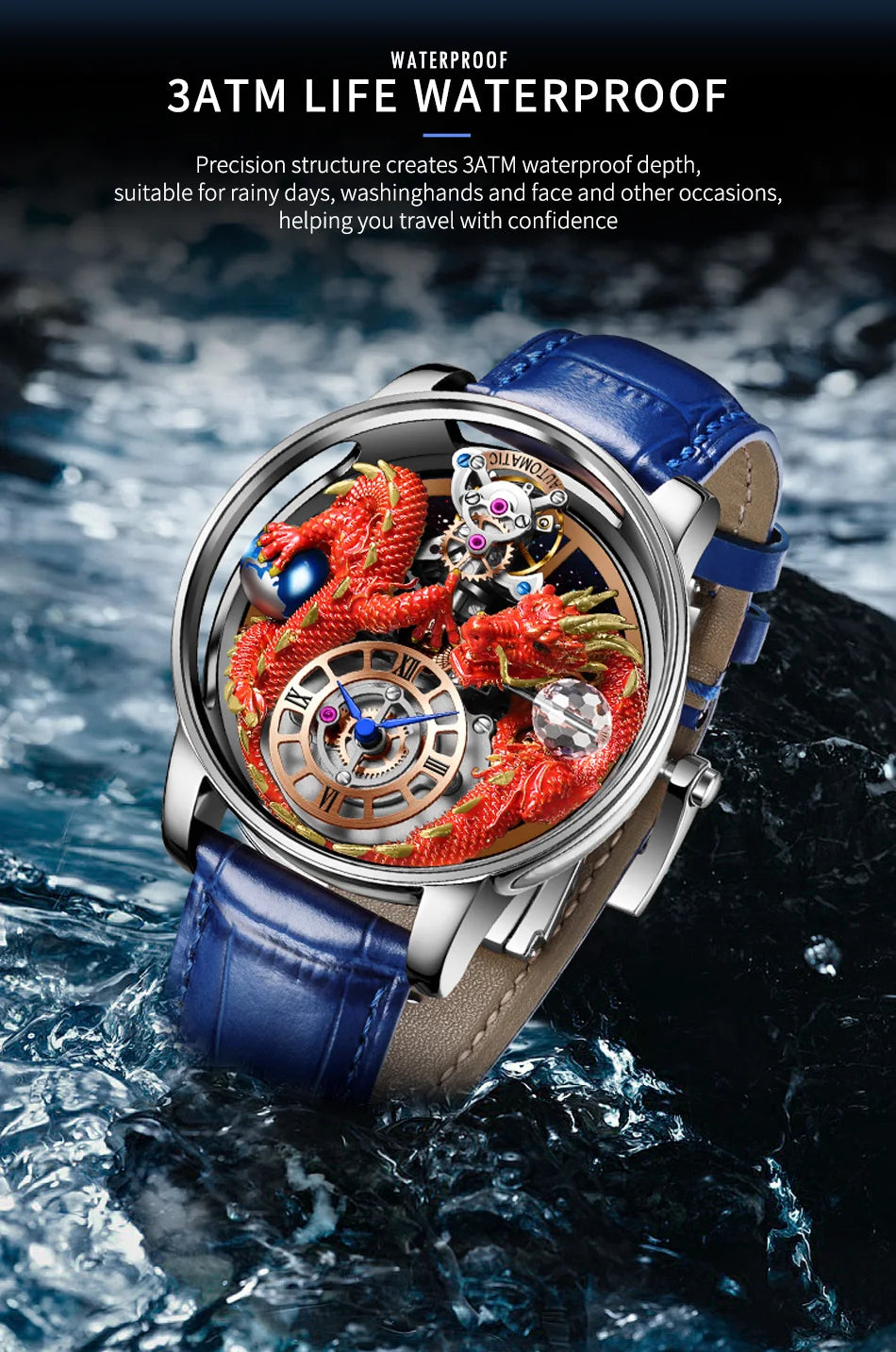 PINDU Design New 3D Dragon Earth Theme Quartz Watches Men Celestial Series Curved Mirror Transparent Design Watch Wristwatches - Sun Studio