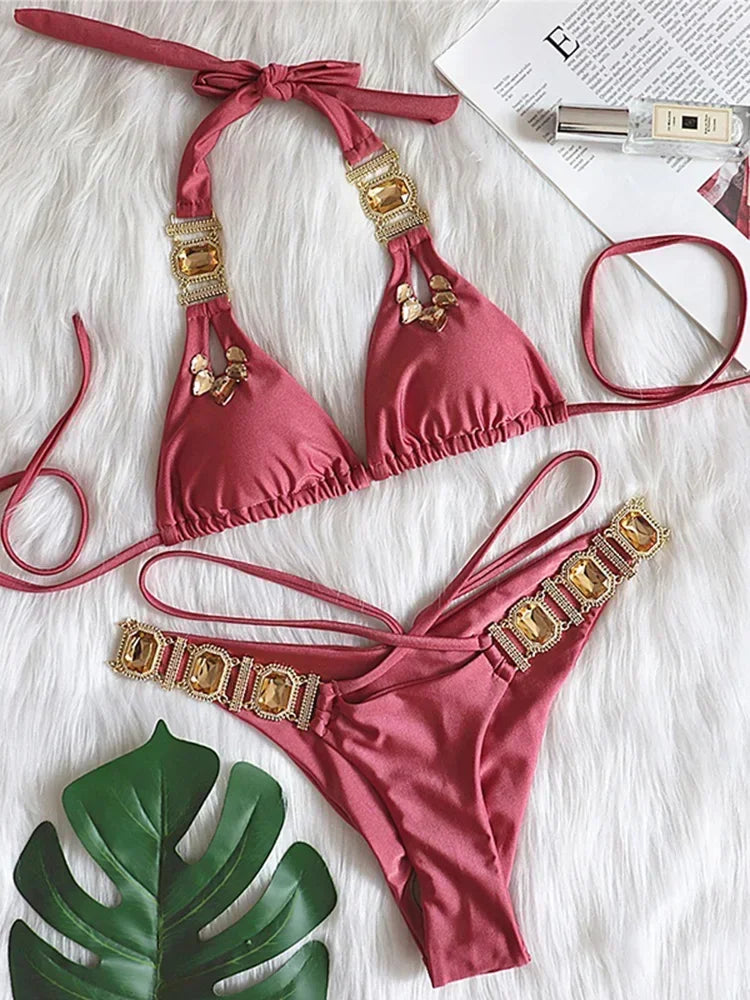Halter Jewelled Diamond Bikini Women Swimsuit Female Triangle Swimwear Two piece Bikini set Brazilian Bather Bathing Suit Swim - Sun Studio