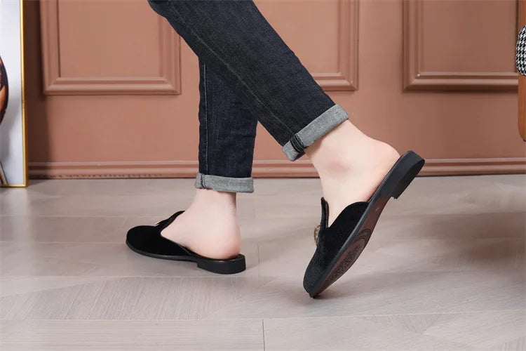 Fashion New Men Velvet Tassels Half Slippers Loafer Male Casual Purple Green Blue Black Mules Moccasins Breathable Driving Shoes - Sun Studio