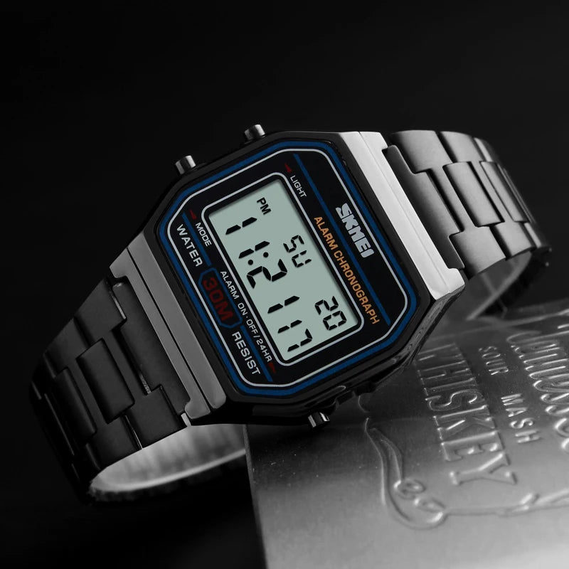 SKMEI Stainless Steel Strap Electronic Watches For Men Women Casual Sport Waterproof LED Display Digital Wristwatch and Bracelet - Sun Studio