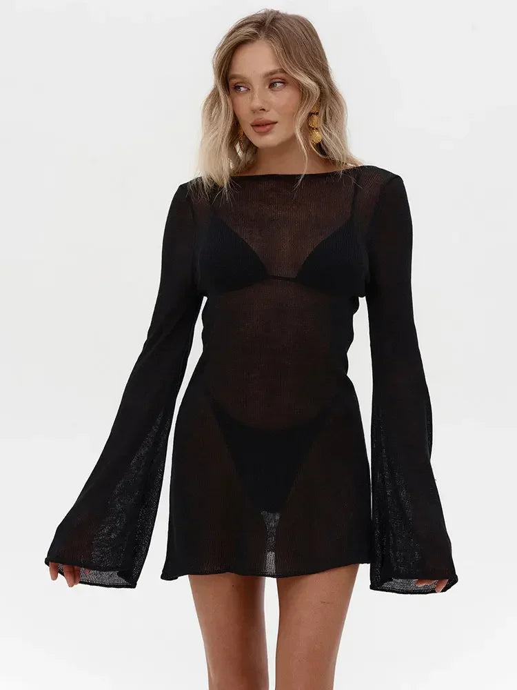 Summer Seaside Women's Solid Knit Mini Dress 2026 Sexy Backless Bell Sleeve See Through Short Dress Beach Swimsuit Cover Up K98 - Sun Studio