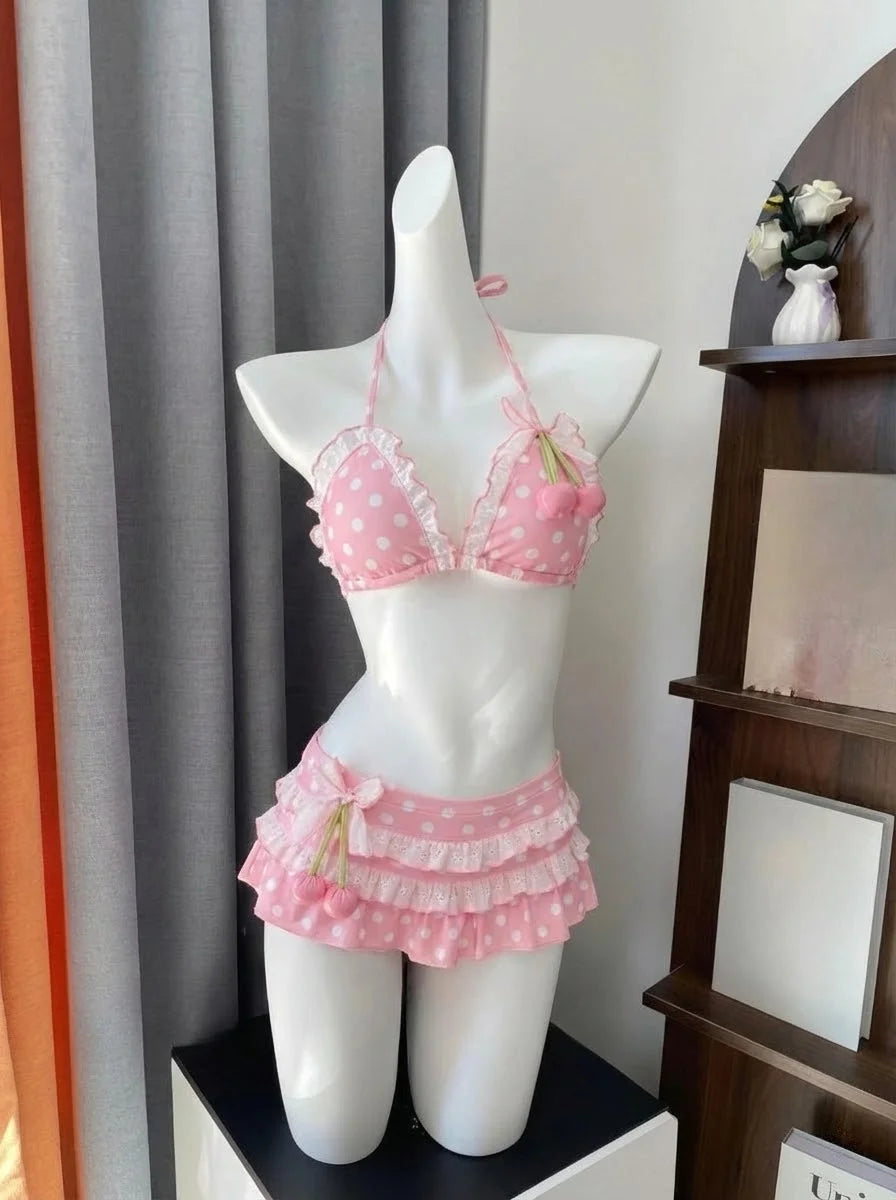 2026 Y2K Summer Sweet  White Dot Sets Lovely Cherry Decor Sexy Lace Trim Style Casual Bikini Swimsuit Beach Holiday Wear - Sun Studio