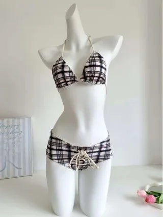 Low-Waist Plaid Bikini with Drawstring Strap Thermal Spring Swimsuit Women's Fashionable Vintage Lace Detailing By-Jane - Sun Studio