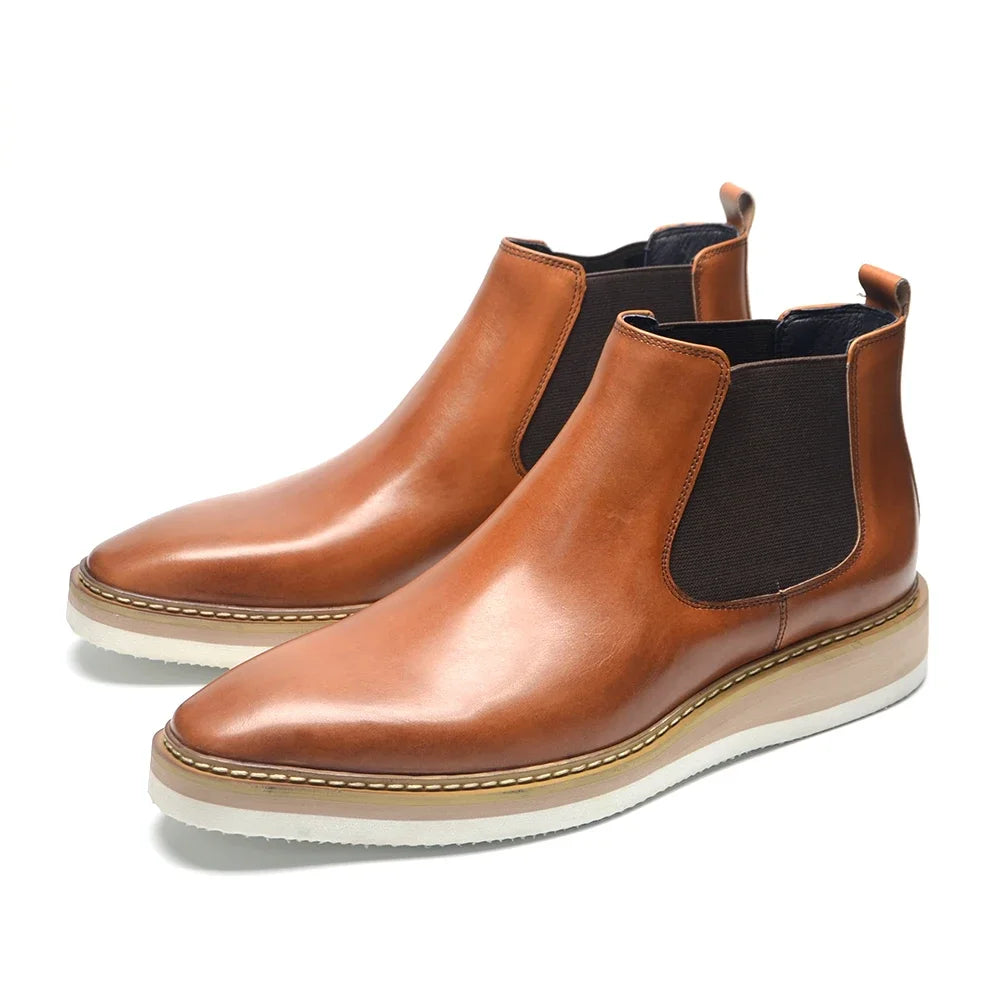 Britischer Stil Kuh Echtes Leder Herren Chelsea Stiefeletten Slip-On Elastisches Band Hohe Sneakers Freizeit Dress Boots für Männer