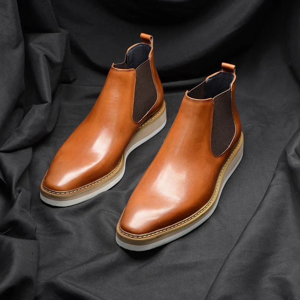 British Style Cow Genuine Leather Men's Chelsea Ankle Boots Slip-on Elastic Band High Top Sneakers Casual Dress Boot for Men - Sun Studio