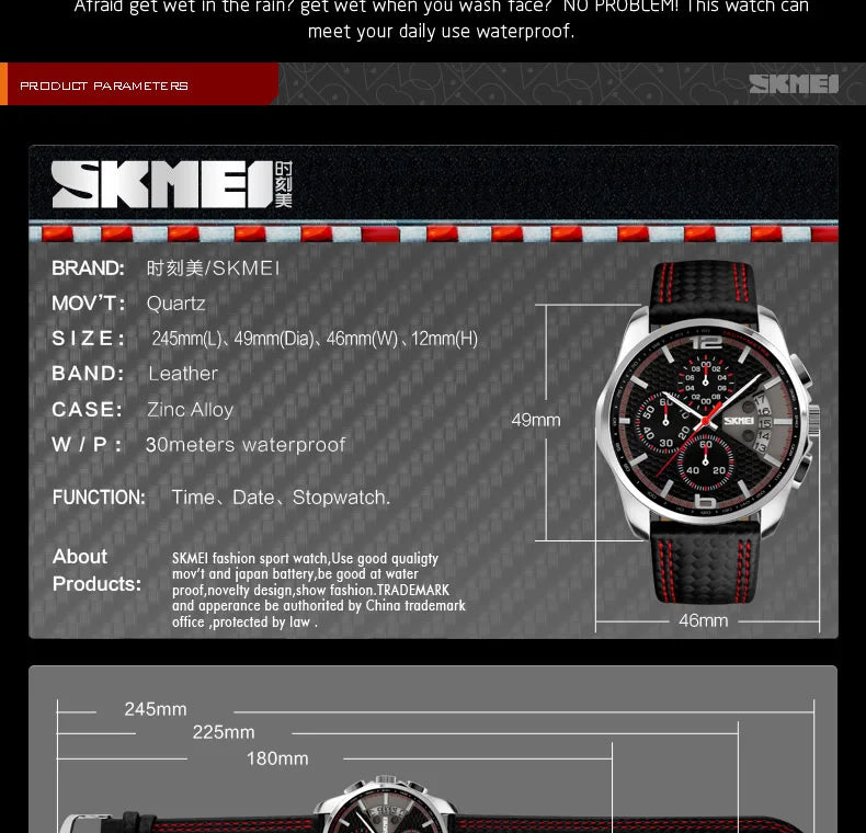 Skmei Top Brand Luxury Leather Strap 5Bar Waterproof Quartz Wristwatches Relogio Masculino Fashion Sport Mens Watches 9106 - Sun Studio