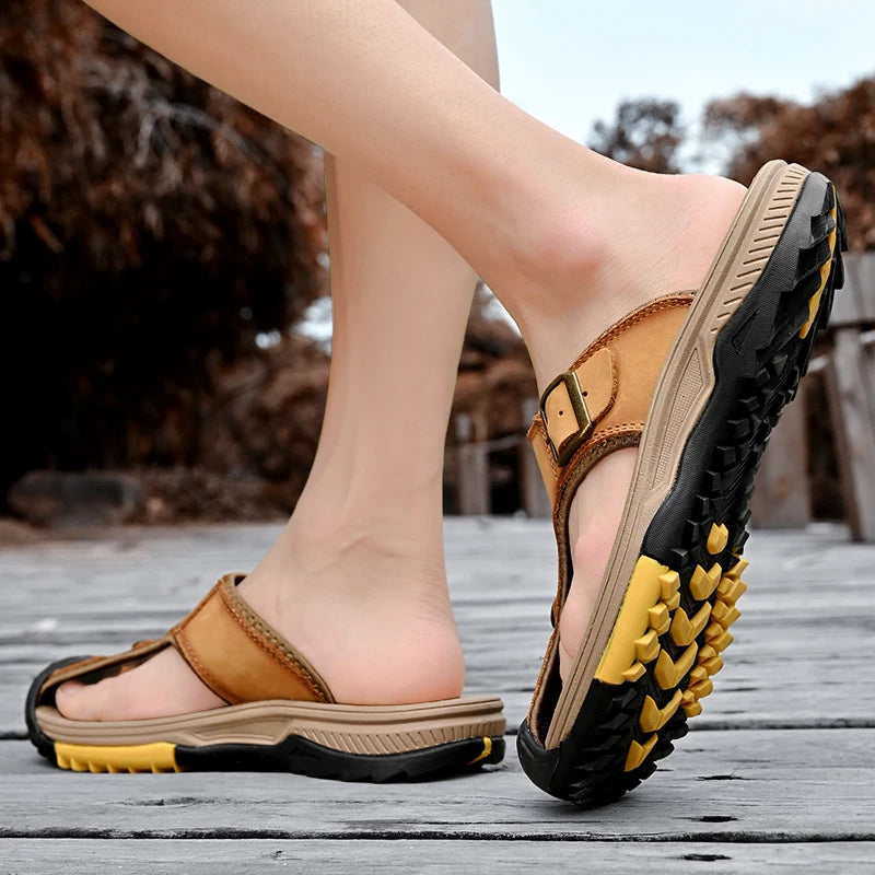 Genuine Leather Sandals Men Breathable Summer Shoes Man Waterproof Outdoor Men Sandals Antiskid Beach Sandals Footwear - Sun Studio