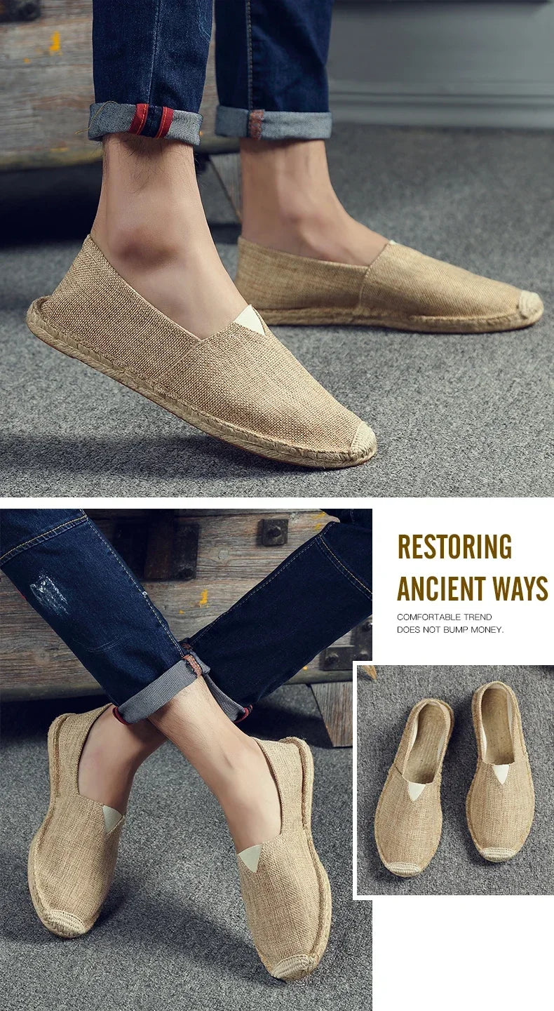 Women Sewing Flax Shoes Slip on Loafers Casual Shoes Man Espadrilles Hemp Canvas Flat Shoes Plus Size Fisherman Driving Footwear - Sun Studio