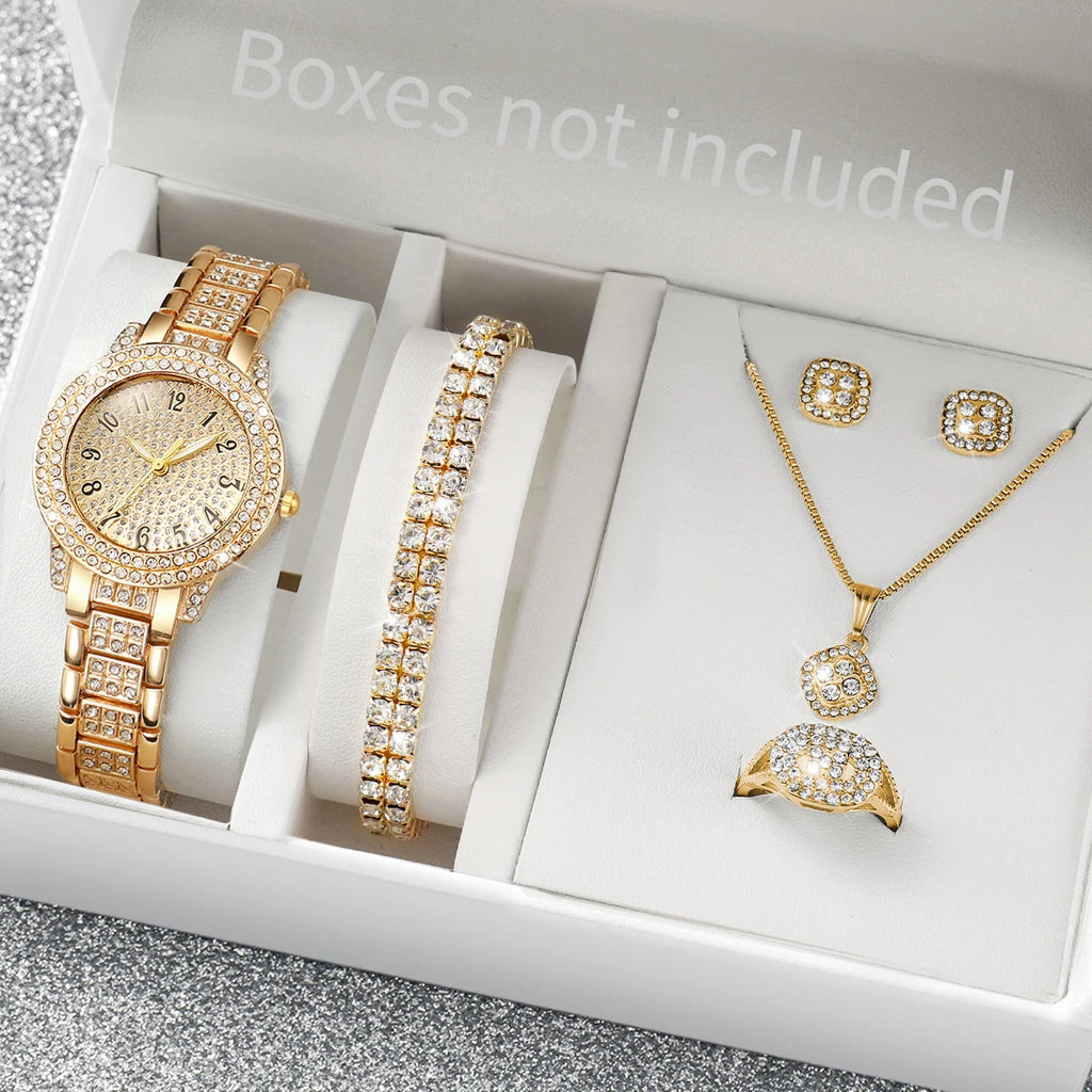 6PCS Fashion Full Diamond Women's Watch Gold Steel Band Analog Quartz Watches Jewelry Set（Without Box） - Sun Studio