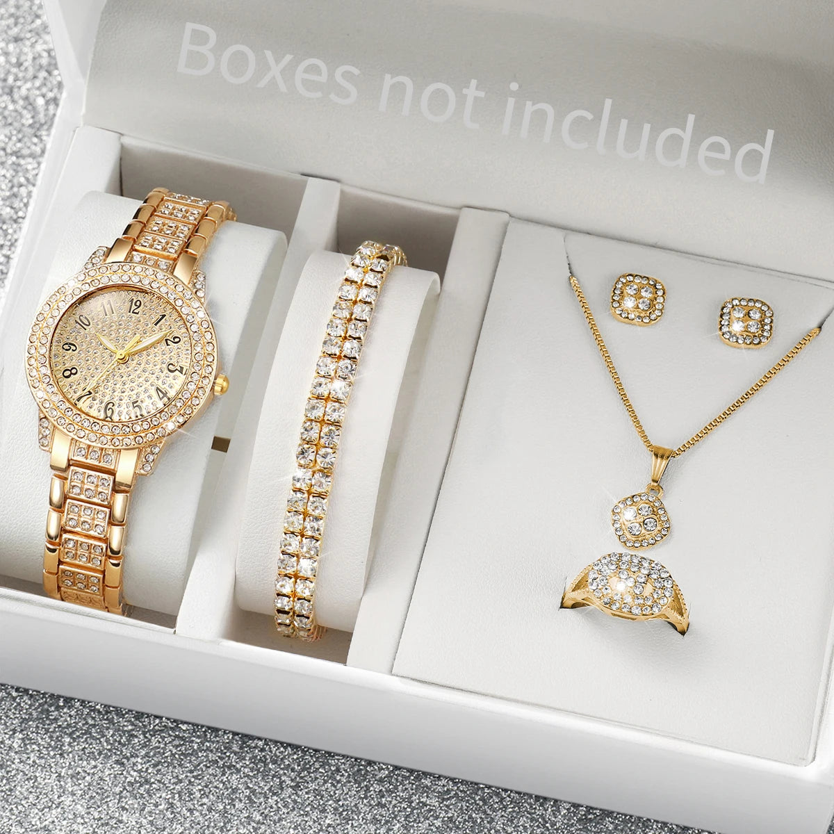 6PCS Fashion Full Diamond Women's Watch Gold Steel Band Analog Quartz Watches Jewelry Set（Without Box） - Sun Studio
