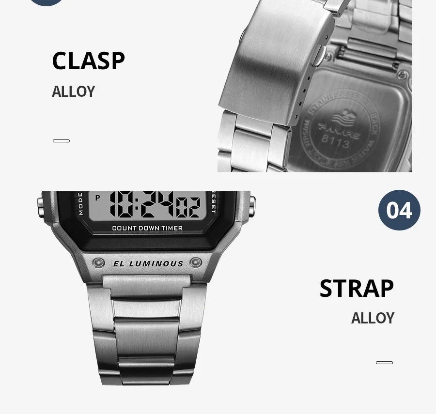 PANARS Top Luxury Stainless Steel Strap Sport Watches Mens Waterproof Back Light Digital Wristwatch Male Alarm - Sun Studio