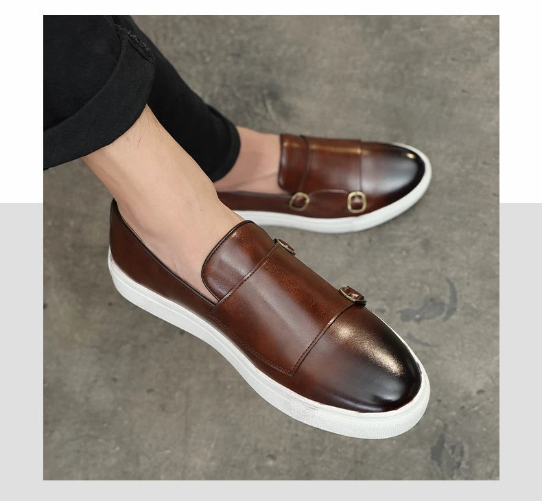 Fashion Man Casual Shoes Leather Men's Retro British Style Loafers Slip-on Outdoor Flats Double Monk Business Daily Shoe - Sun Studio