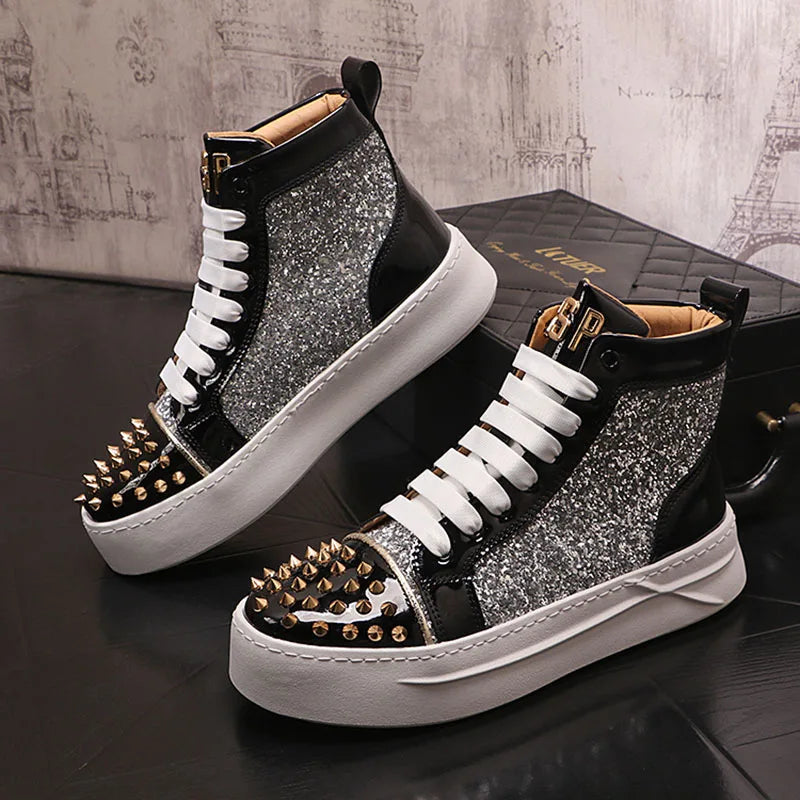 Winter High Tops For Men Rivet Sequin Everyday All Match Patent Leather Casual Shoes Male Flats Loafers Sports Walking Sneakers - Sun Studio