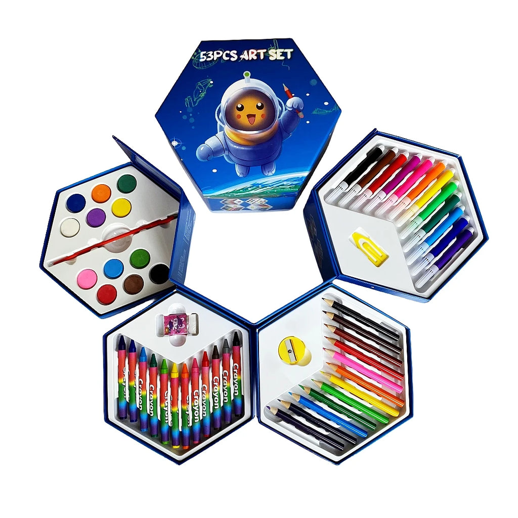 53pcs Multilayer Cartoon Art Pencil Set Kids Painting Set Hexagon Color Box Pencil Drawing Art Set - Sun Studio