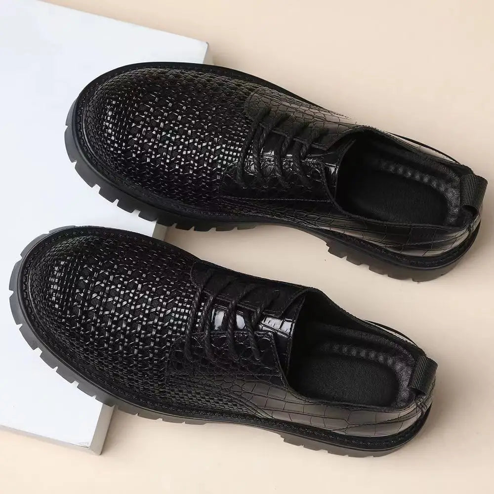 Spring leather woven leather wear-resistant thick-soled heightening casual men's first-layer cowhide breathable hollow shoes - Sun Studio