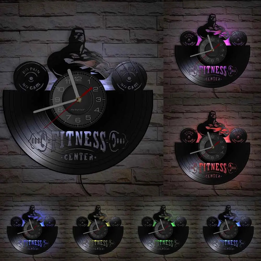 Fitness Equipment Thema Vinyl Schallplatte Fitness Wanduhr Heimdekoration LED Hintergrundbeleuchtung Moderne Fitness Uhr