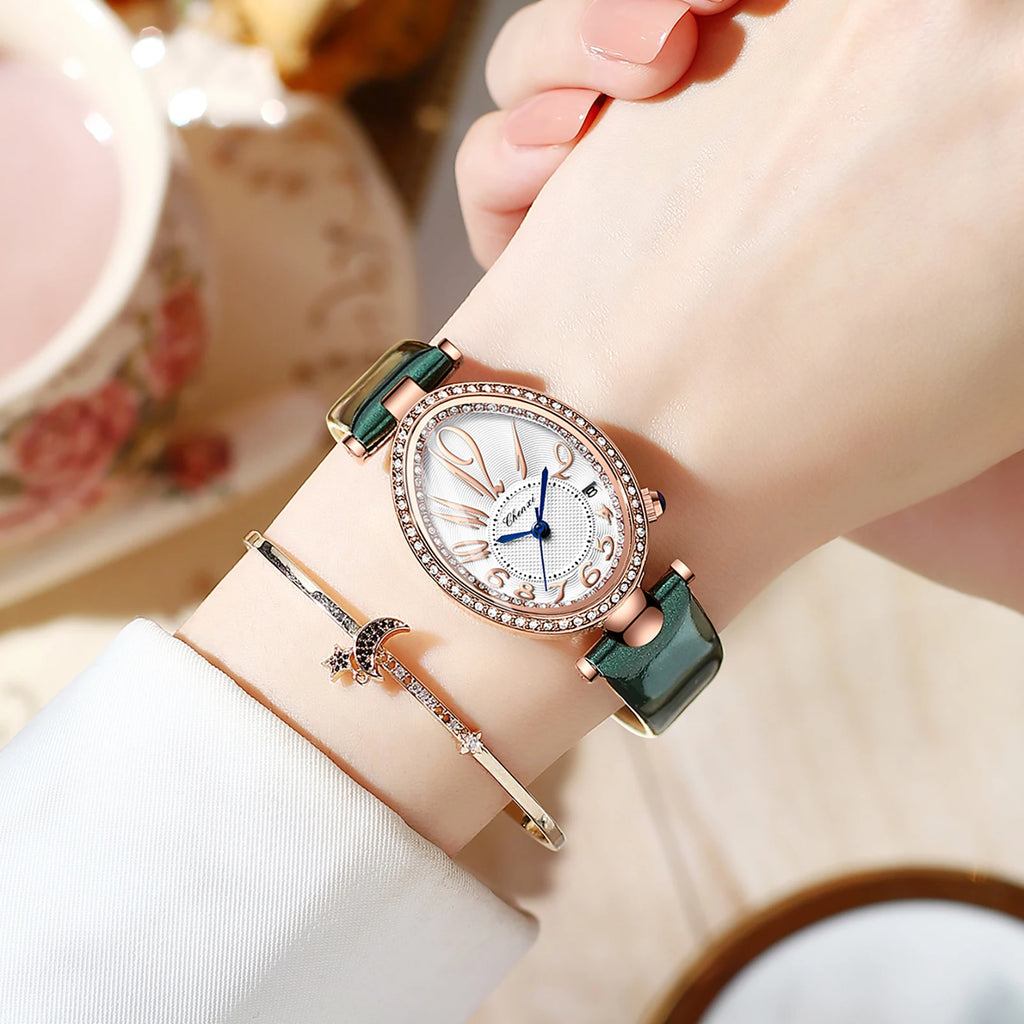 Luxury Watch For Women Diamond Waterproof Quartz Ladies Watches Fashion Elegant Oval Calendar Wristwatche Leather Strap - Sun Studio