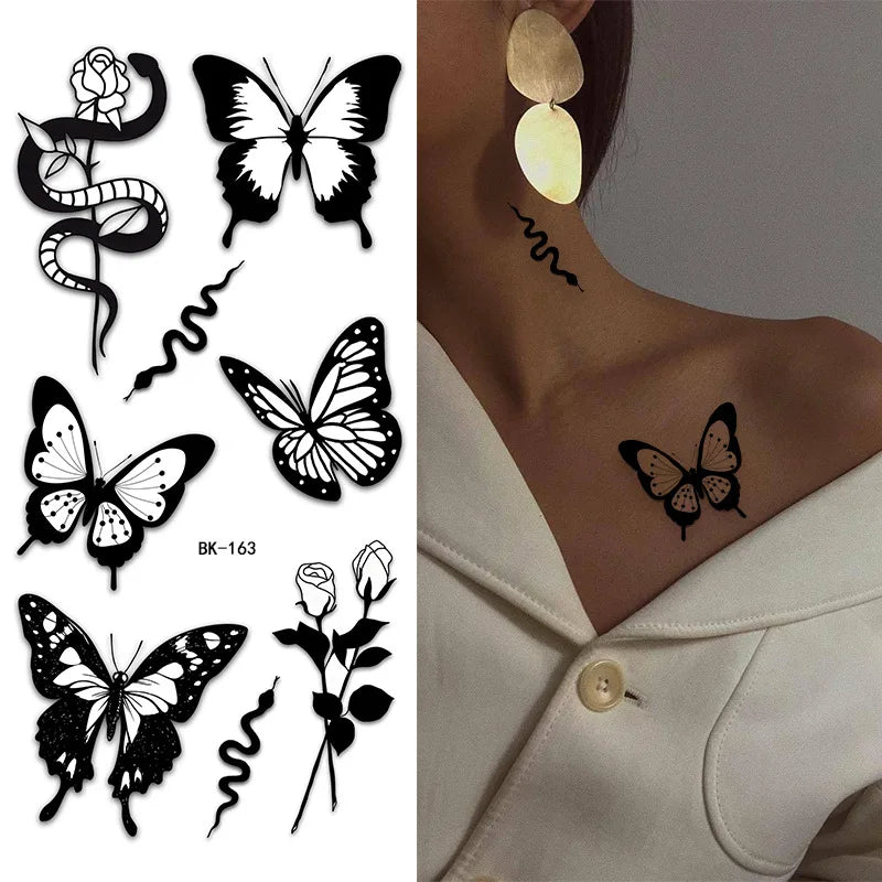 Schwarz Weiß Temporäre Transfer Tattoos Florale Schmetterlinge Schriftzüge Linienkunst Wasserfeste Körperaufkleber für Musikfestival Party