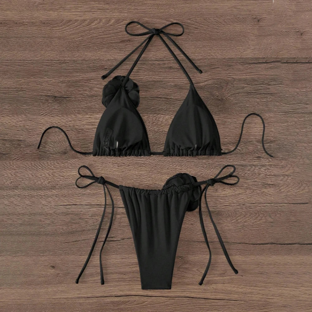 Sexy Bikini Swimsuit Suit 3D Flowers Halter Strappy Bikini Women Swimwear Female Swimsuit 2pcs Bikini Set Bather Bathing Suit - Sun Studio