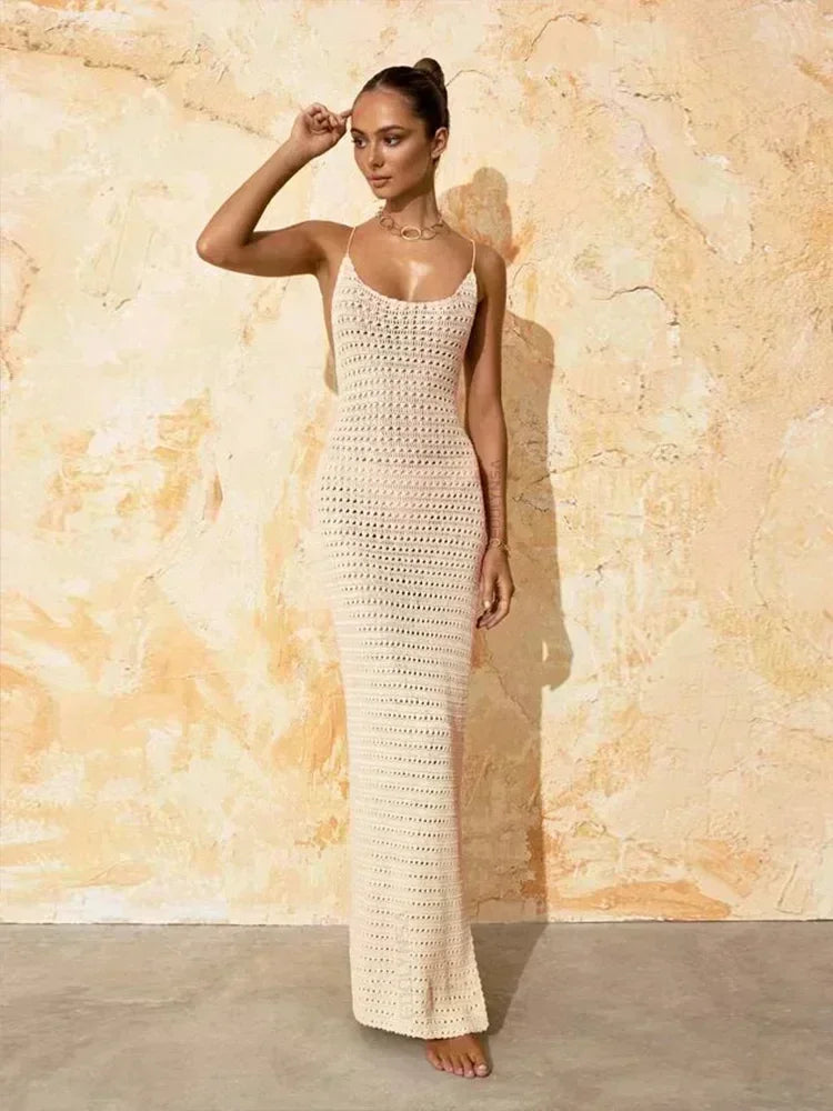 Sexy Knit Cut Out Tassel Spaghetti Strap Bodycon Beach Maxi Dress Summer Women's Holiday Club Party Outfit Swimsuit Cover Up K10 - Sun Studio