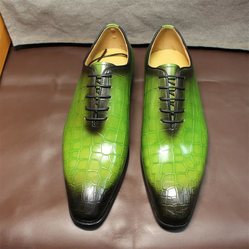 FELIX CHU Men's Genuine Cow Leather Shoes Crocodile Print Business Green Dress Shoes Formal Wedding Footwear for Spring Autumn - Sun Studio