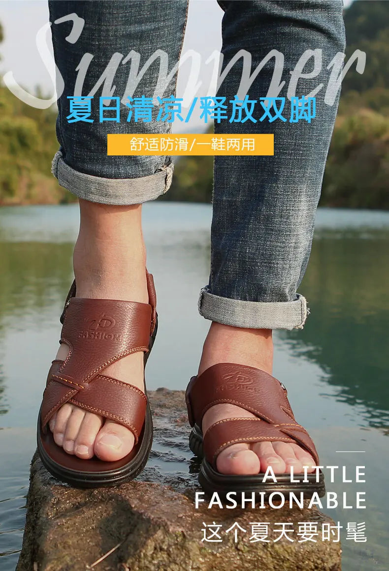 Big Size 49 50 Men's Sandals Summer Leather Shoes Man Slippers Non-slip Bottom Casual Business Beach Shoes for Men 2025 Summer - Sun Studio