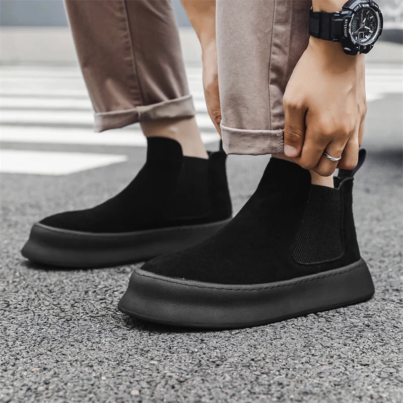 Mode Marke Herren Echtes Leder Mid Top Stiefel im Britischen Stil Herbst Winter Herren Rutschfeste und Abriebfeste Chelsea Boots